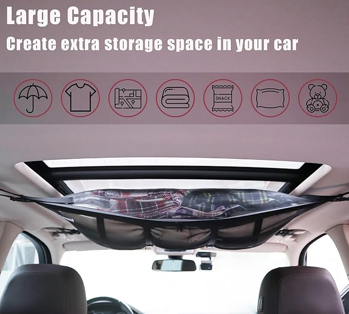 Car Ceiling Cargo Net Pocket, 31"x20" Double-Layer Mesh Car Roof Storage Organizer Strengthen Load-Bearing and Reduce Sagging Cargo Net Truck SUV Long Road Trip Camping Interior Accessories