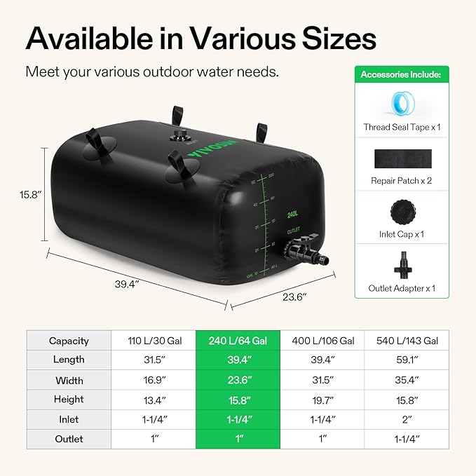 VIVOSUN 240 L/64 Gal Water Bladder, Foldable and Portable Water Storage Bag for RV, Camping, Garden Watering, Agricultural Irrigation, Drought Resistance, Firefighting