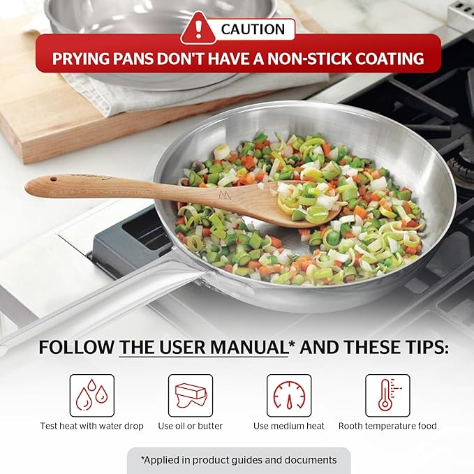 Sunhouse 18/10 9 Inch Stainless Steel Frying Pan, Whole-Clad No Coatings Skillet with Stay-cool Handle for Cooking, Durable & Oven Safe to 500°F, Dishwasher Safe, Compatible with All Cooktops
