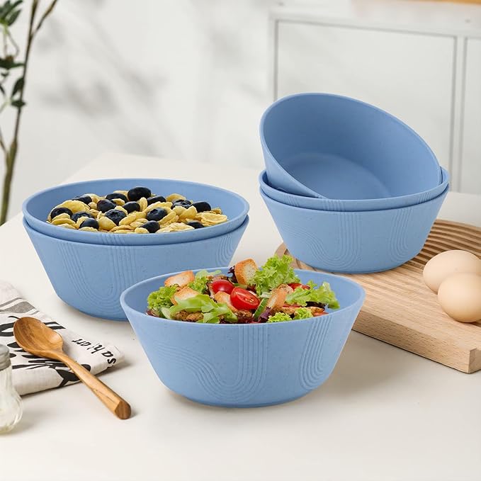 Homienly Alternatives Plastic Bowls - 36oz Cereal & Soup Bowls, Set of 6, Microwave & Dishwasher Safe, Sky Blue