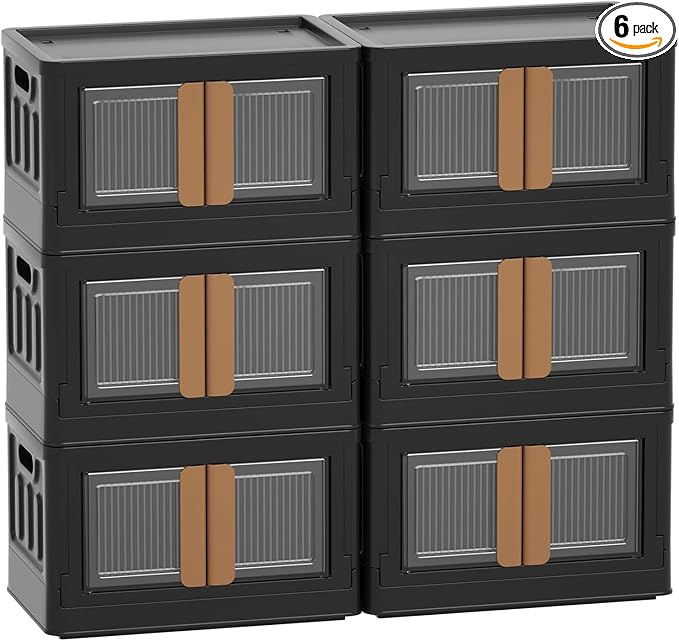 HAIXIN Storage Bins with 6 Lids - 8.4 Gal Closet Cabinet 6 Pack Plastic Stackable Organizers with Front Opening Door Black Foldable Storage Box for Home Garage Office Craft