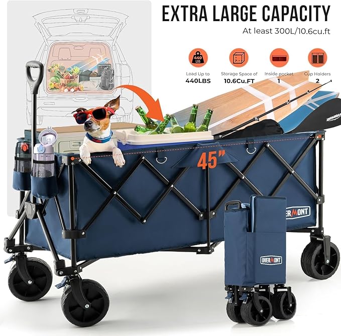 Overmont 45'' Collapsible Foldable Extended Wagon Cart - 300L Heavy Duty 440lbs Large Capacity Folding Utility Wagon with All-Terrain Wide Wheels for Camping Sports Grocery Picnic