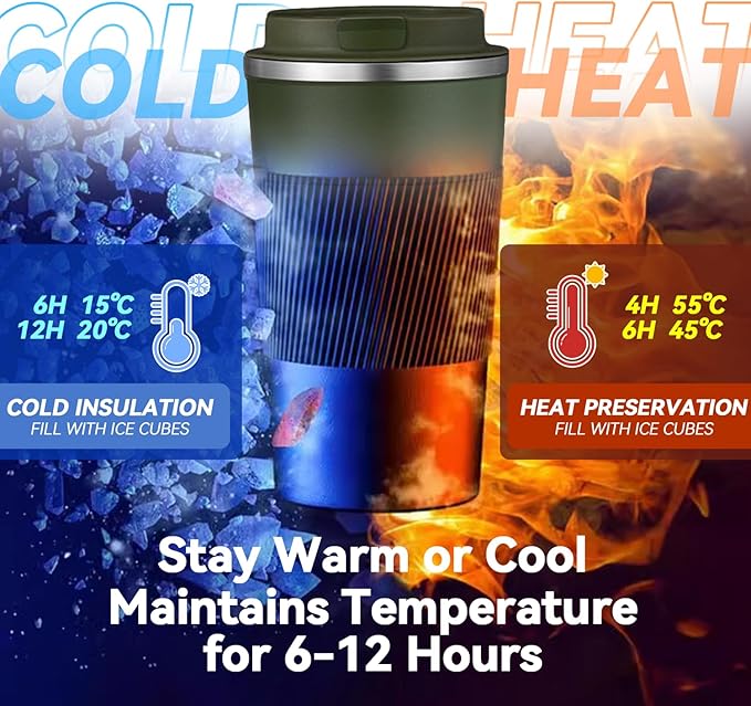 17OZ Travel Coffee Mug Insulated Coffee Cup with Spill Leak Proof Lid, Portable Stainless Steel Tumbler Reusable Hot and Cold Water Mug for Car, Daily, Camping- Military Green
