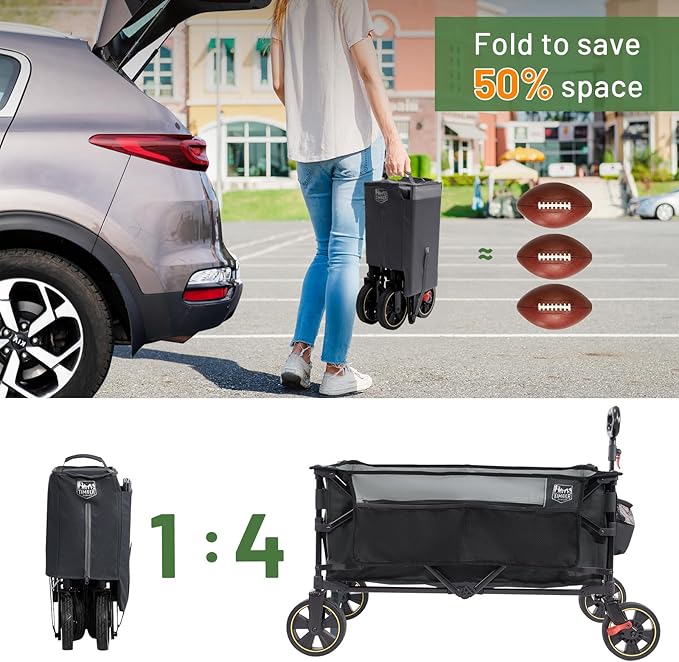 TIMBER RIDGE Collapsible Wagon Cart with Brakes, 200L Large Capacity Compact Portable Easy to Carry Folding Wagon, Utility Grocery Cart for Camping, Gardening, Shopping