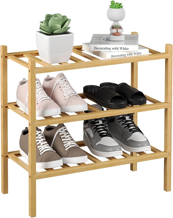 3-Tier Bamboo Small Shoe Rack, Free Standing Wood Shoe Shelf Storage Organizer for Closet Entryway Stackable (Natural)