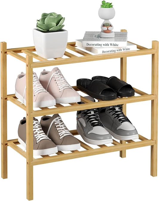 3-Tier Bamboo Small Shoe Rack, Free Standing Wood Shoe Shelf Storage Organizer for Closet Entryway Stackable (Natural)