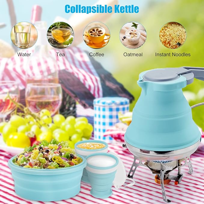 Portable Collapsible Camping Kettle, 1.5L/ 52OZ Foldable Silicon Coffee Pot for Outdoor Camping, Hiking, Traveling, with 1 Collapsible Bowl and 2 Collapsible Cups, Excellent Gift