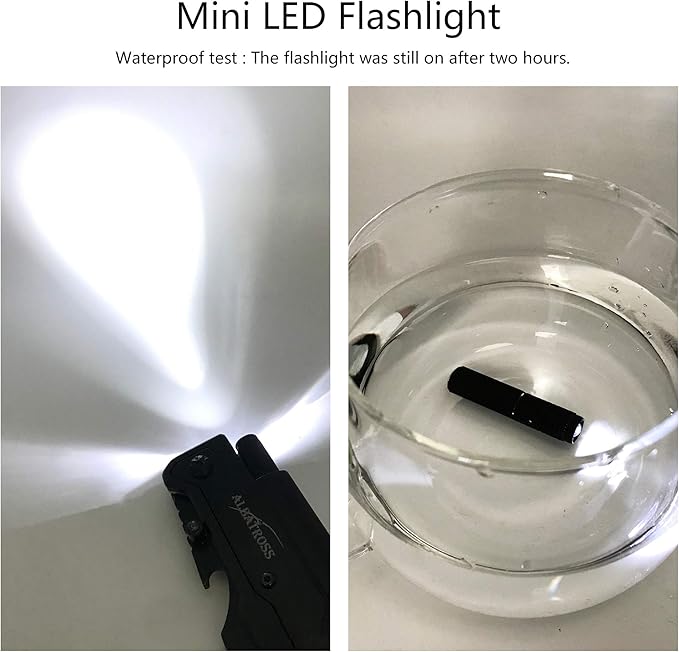 ALBATROSS 6-in-1 Modern Damascus Steel Folding Pocket Knives with LED Light,Seatbelt Cutter,Glass Breaker,Magnesium Fire Starter,Bottle Opener;Multi-Function Emergency Tool(Black-DA)