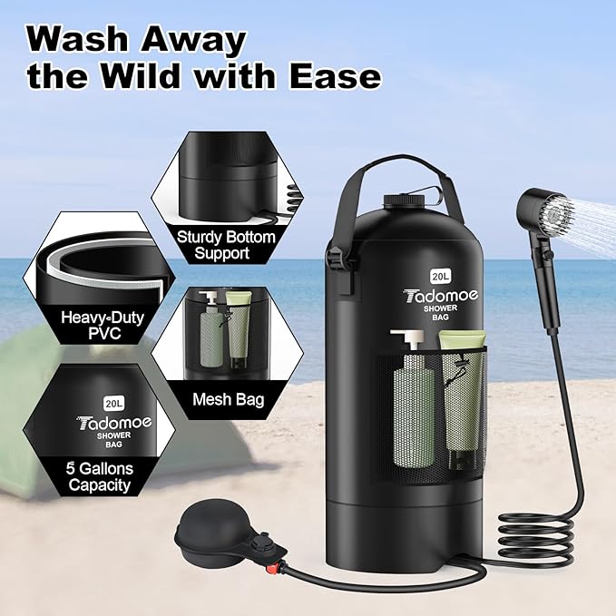 Portable Shower for Camping,5 Gal/20L Solar Heating Camping Shower Bag with Shower Pump,Shower Head,Essential for Camping,Festivals,Overlanding,Beach Trips,Outdoor Showers (Eco Foot Pump)