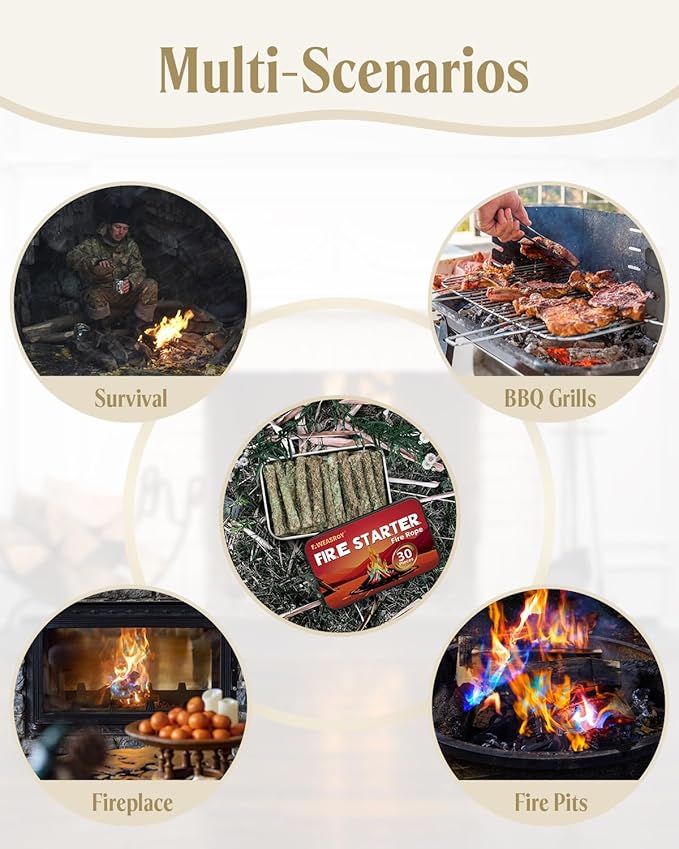 Fire Rope Blue Flame(30-Pack) Windproof Fire Starter, Long-Lasting, Bright Blue Flame Survival Fire Starters - Fast Igniting Fire Rope for Camping