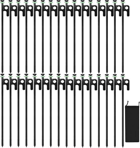32Pcs Tent Stakes, 12in Heavy Duty Tent Stakes with Storage Pouch, Forged Steel Tent Sakes Metal, Metal Stakes for Tent Used on Grassland, Snowfield, Dessert(32Pcs, 12in, Diameter 1/4")