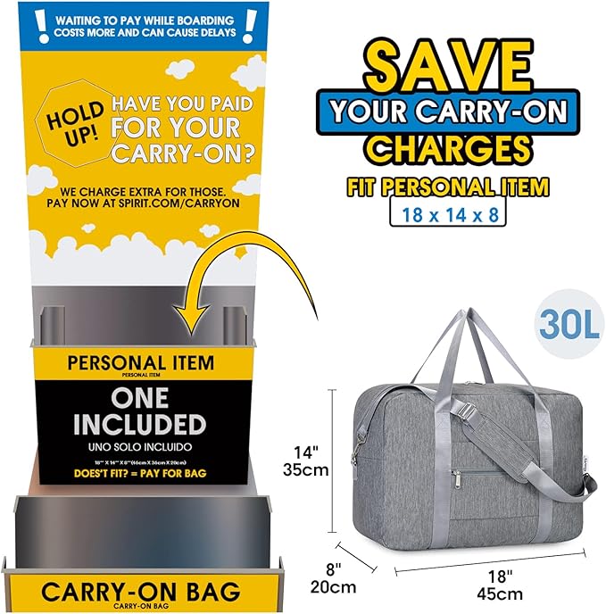 For Spirit Airlines Personal Item Bag 18x14x8 Foldable Travel Duffel Bag Underseat Carry on Luggage for Women and Men 30L (Grey)