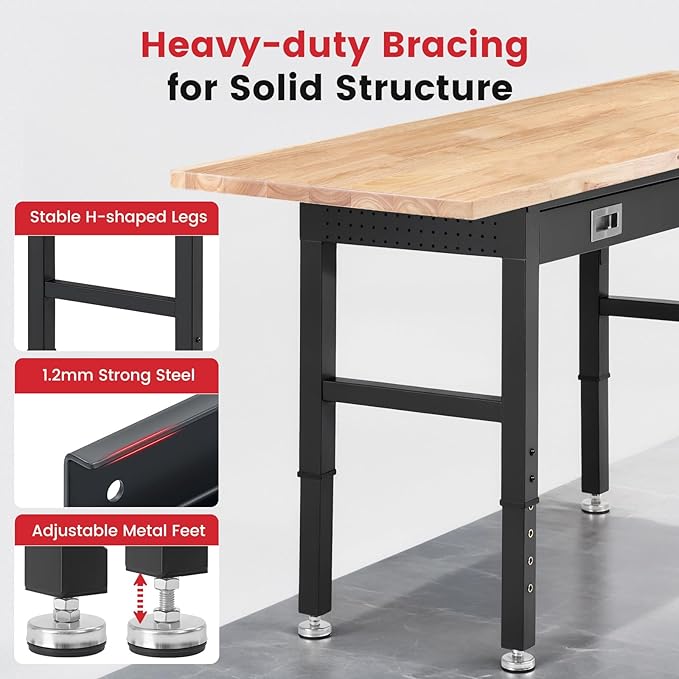 Workbench for Garage 60 x 22 Inch Adjustable Height Work Table with Drawers Heavy Duty Rubberwood Tabletop Work Bench with Pegboard, Power Outlets for Office Home Commercial