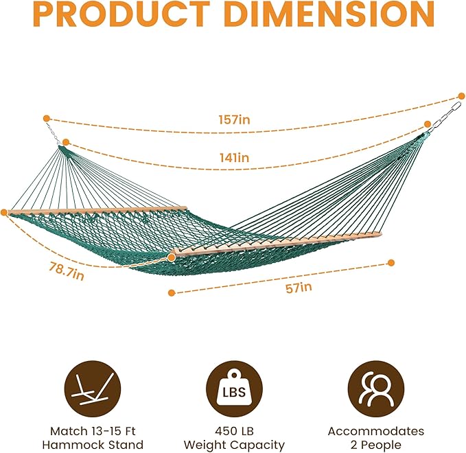 Lazy Daze Hammocks 12FT Double Rope Hammocks, 2 Person Hand Woven Cotton Hammock with Spreader Bar for Outdoor, Indoor, Patio, Poolside, FIT 13-15 Foot Stand, Max 450 Lbs, Green, 141 x 57 inches