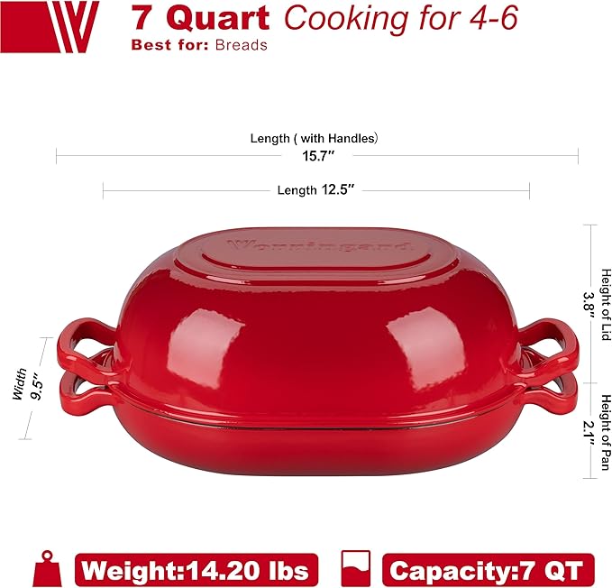 Enameled Cast Iron Sourdough Bread Oven, Dutch Oven, Loaf Cast Iron Bread Pan for Homemade Bread Baking, Meatloaf Pan with Lid, 7QT, Red