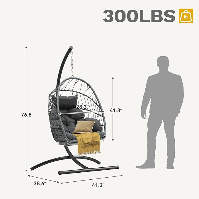 DWVO Egg Chair with Stand, Hanging Outdoor Rattan Wicker Patio Hammock Indoor Egg Chair with Cushion, Hanging Swing Chair 300lbs for Porch, Garden, Bedroom, Balcony, Gray