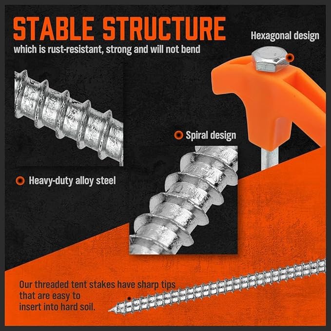 HORUSDY 26 Pack 20CM / 8-Inch Heavy Duty Tent Stakes Awning Pegs Camping Stakes with with 4x13ft Rope & 1 Stopper T Pull Hook
