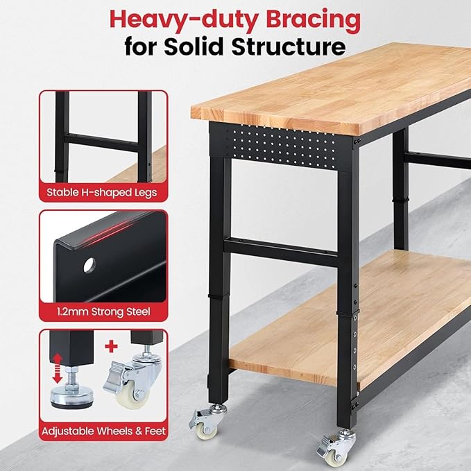 Workbench with Wheels 60 x 22 Heavy Duty Rubberwood Tabletop Work Bench Adjustable Height Garage Work Table with Under Table Shelf, Sided Pegboard, Power Outlets for Home Office