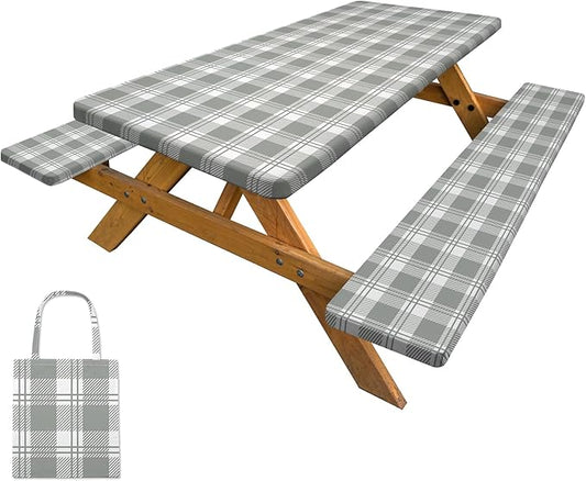 Picnic Table Cover with Bench Covers Camping Tablecloth with Storage Bag Windproof Waterproof Picnic Table Covers with Elastic for Camping