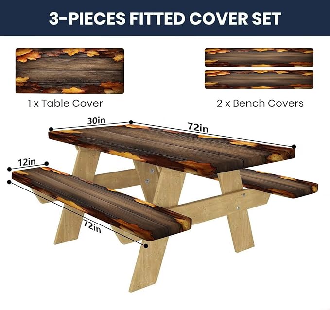 CAPSCEOLL Fitted Picnic Table Cover with Bench Covers with Elastic 6Ft Waterproof Camping Picnic Table Cover Cloths for Outdoors Camping Tablecloth with Drawstring Bag, 72X30in, Brown Wood