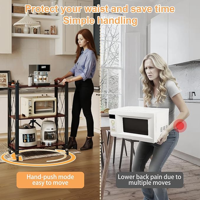 3 Tier Vintage Multifunctional Folding Shelf with Wheels, Portable Heavy Duty Storage Shelving, No-Assembly Folding Bookshelf, Metal Collapsible Rack Unit for Kitchen, Office, Bedroom, Rustic Brown