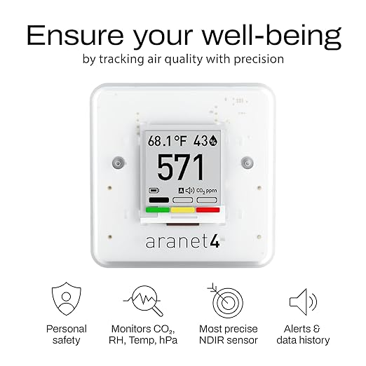 SAF Aranet4 Home: Wireless Indoor Air Quality Monitor for Office or School (CO2, Temperature, Humidity and More) Portable, Battery Powered, E-Ink Screen, App for Configuration & Data History