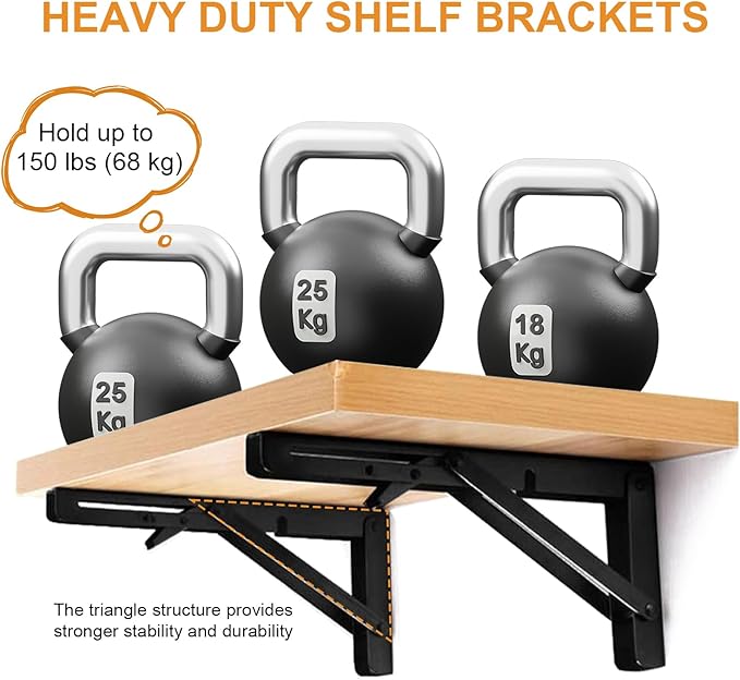 Storystore Folding Shelf Brackets - 16 Inch Heavy Duty Metal Collapsible Shelf Bracket for Bench Table, Shelf Hinge Wall Mounted Space Saving DIY Bracket, Max Load: 150 lb 2 PCS (Black)