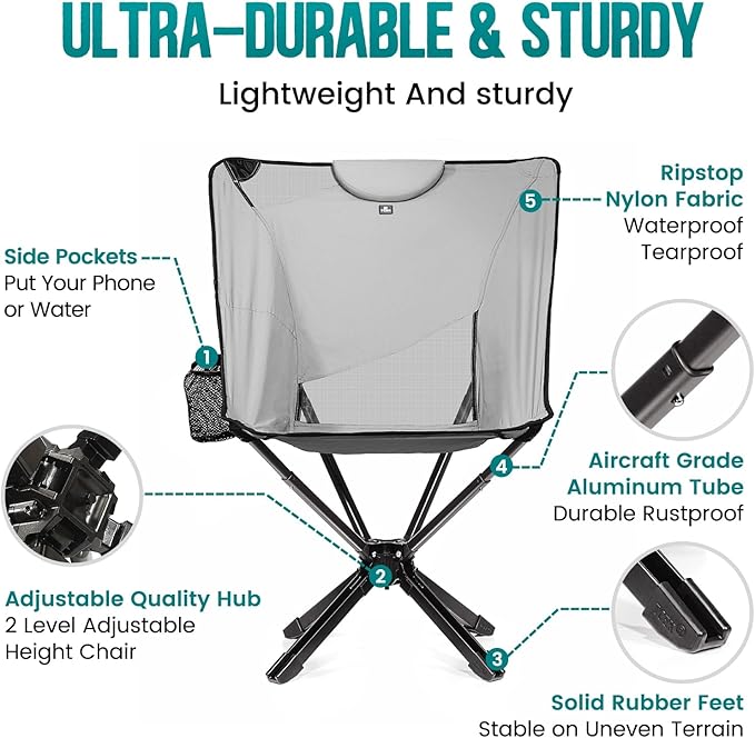 Portable High Back Camping Chair with Adjustable Height, Small Compact Outdoor Folding Chair for Adults Travel, Riselite Collapsible Lightweight Packable Camp Chairs, Easy Carry and Quick Setup