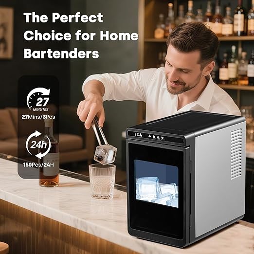 Large Cube Ice Maker Countertop, Nugget Ice Machine with Scoop&Basket, 22lbs/24H, Self-Cleaning, Portable Ice Maker for Whiskey, Cocktails, and Iced Beverages