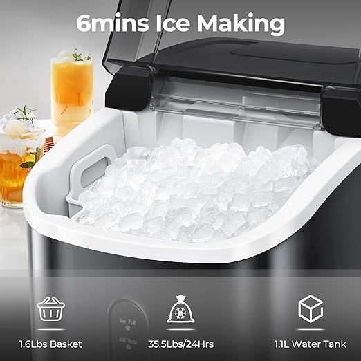 Nugget Ice Maker Countertop, 35.5Lbs/24Hrs Chewable Sonic Ice Machine with Self-Cleaning, Handle, Water Tank, Quiet Operation & Portable Pellet Ice Maker for Home, Office, Kitchen, Bar, Black