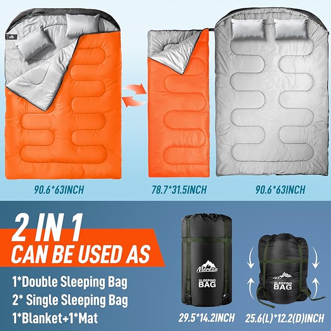 MEREZA Double Sleeping Bag for Adults Mens with Pillow, XL Queen Size Two Person Sleeping Bag for All Season Camping Hiking Backpacking 2 Person Sleeping Bags for Cold Weather & Warm