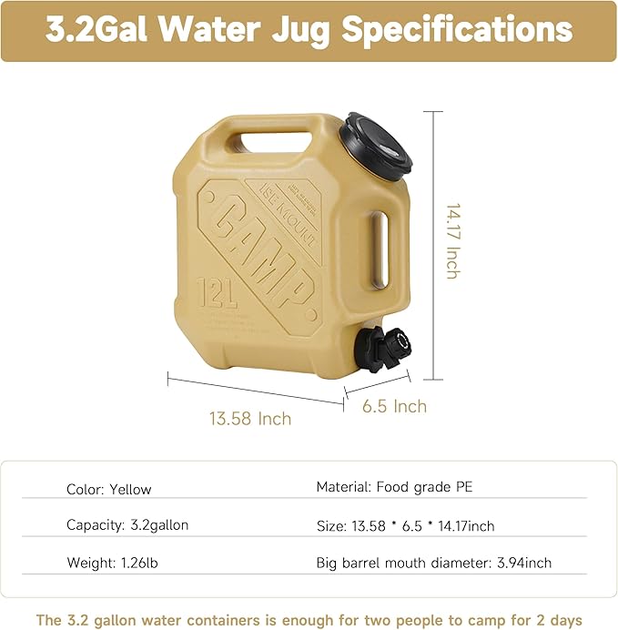 3.2 Gallon Water Jug with Spigot, Portable Water Tank BPA Free, Leak-Proof Water Containers for Camping Water Storage Containers for Emergency Outdoor Hiking Picnic, Green/Black/Yellow
