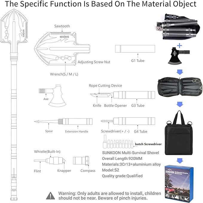 Survival Shovel Survival Axe, Camping Folding Shovels Hatchet with 19.2-37.8inch Lengthened Handle Enlarged Shovelhead High Carbon Steel with Storage Pouch for Camping Cycling Hiking