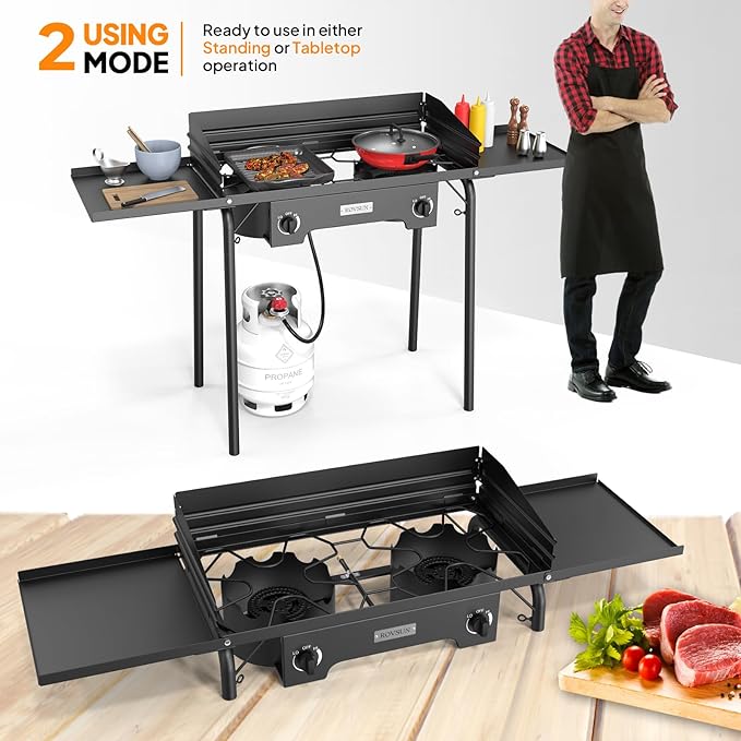ROVSUN 2 Burner Outdoor Propane Gas Stove with Regulator, Windpanel, Bag & Side Shelves, 150,000 BTU Powerful Stand Cooker for Backyard Cooking Camping Home Brewing Canning Turkey Frying