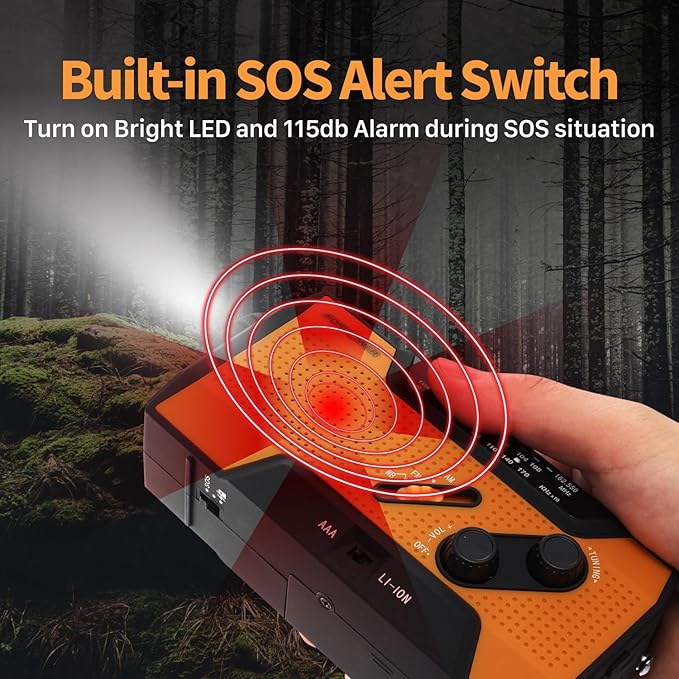 FosPower Emergency Weather Radio (Model A1) NOAA/AM/FM with 7400mWh Portable Power Bank, USB/Solar/Hand Crank Charging, Battery Operated, SOS Alarm & Flashlight for Indoor/Outdoor Emergencies