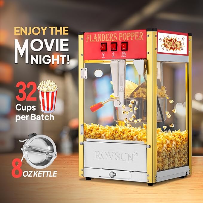 ROVSUN Popcorn Machine with 8 Ounce Kettle Makes Up to 32 Cups ETL Certified, Countertop Popcorn Maker Commercial Popcorn Machine Movie Theater Style w/Scoop, Oil Spoon & 3 Popcorn Cups