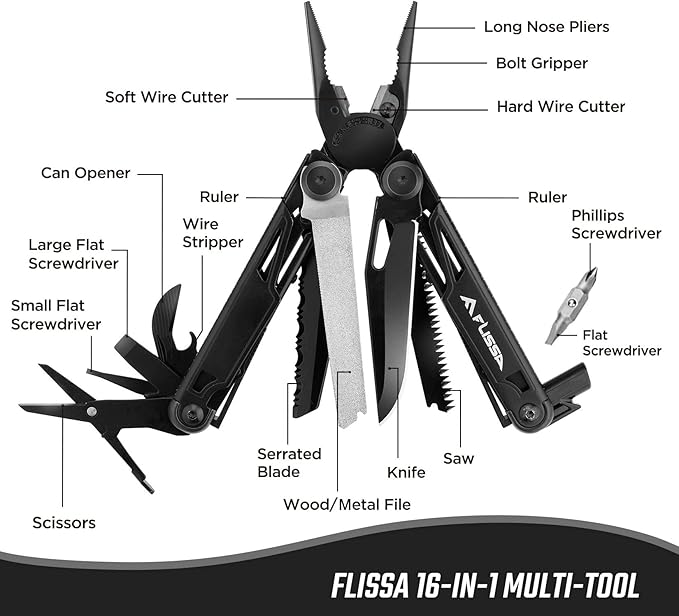 FLISSA Multitool, 16-in-1 Multitools with Sheath, Stainless Steel EDC Multitool, Pocket Knife, Bottle Opener, Screwdriver, Pocket Multi-Tool for Camping, Handwork, Hunting, Hiking, Fishing