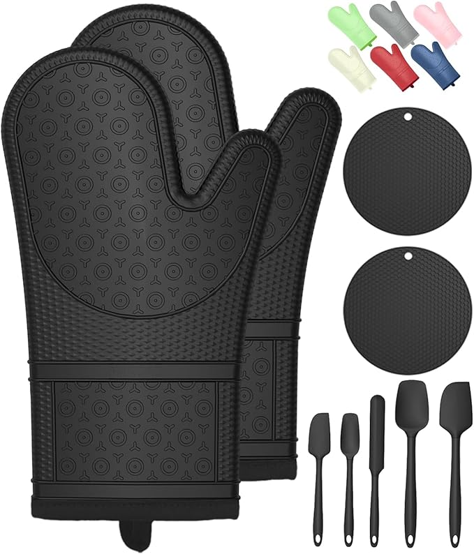 Oven Mitts with Heat-Resistant Hot Pads and Five Silicone Spatulas Designed for Kitchen Baking Cooking, Oven Glove Soft Cotton Lining, Waterproof, BPA-Free (Black, 12.6)