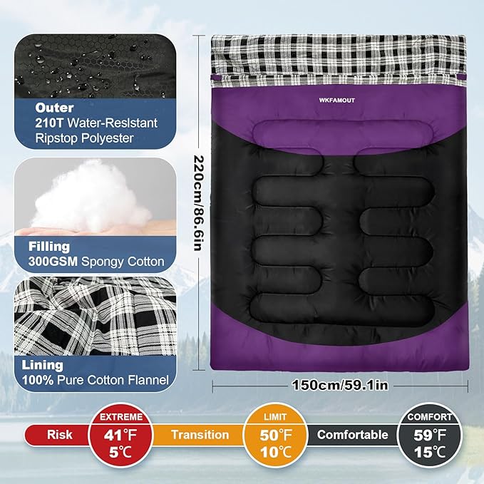 Double Sleeping Bag for Adults Machine Washable 2 Person Camping Sleeping Bag Queen Size Waterproof with Compression Sack for Cold Weather 3-4 Seasons