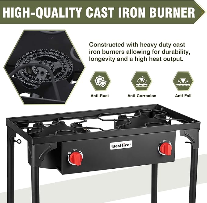 BESTFIRE 2 Burner Camping Stove,150,000 BTU High Pressure Outdoor Propane,4ft 20 PSI Adjustable Regulator Hose With Removable Legs for Backyard Cooking Camping Home
