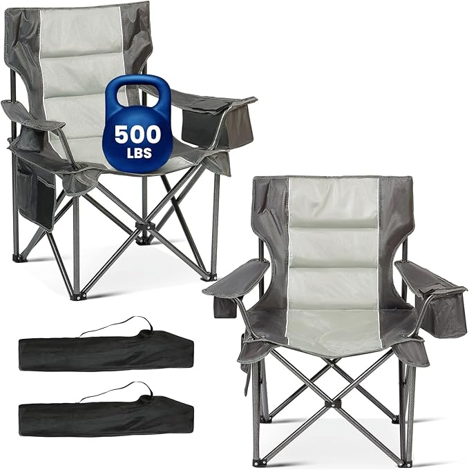2 Pack Oversized Folding Camping Chair for Adults, Supports 500 LBS Camping Chairs, Outdoor Lawn Chairs for Adults, Portable Chairs for Camping, Beach, Fishing, Hiking, Gray