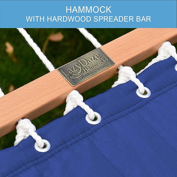 Lazy Daze Hammocks 12 FT Double Quilted Fabric Hammock with Spreader Bars and Detachable Pillow, 450 LBS Weight Capacity, Navy Blue