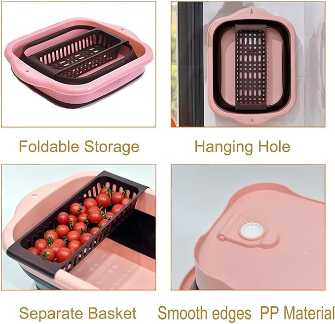 2.77 Gallon (10.5L) Collapsible Dish Basin with Drain Plug, Outdoor Multiuse Foldable Sink Tub, Dishpan, Wash Basin, Portable Kitchen Storage Tray for Camping, RV, Beverage Bucket (Pink)