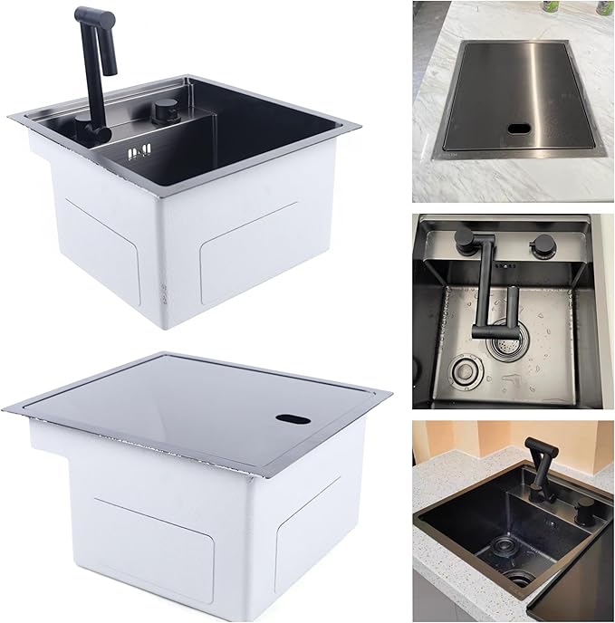 15-inch Hidden RV Kitchen Bar Sink with Folding Faucet, Cover, Drain Pipe and Strainer Full Set, Small Stainless Steel Prep Sink for Workstation, RV, Kitchen and Bar(Black)