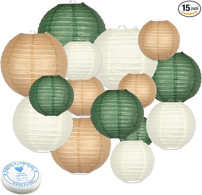 Green Round Chinese Paper Lanterns Decorative 15pcs Hanging Paper Lantern for Rustic Wedding Jungle Wonderland Themed Birthday Party Baby Shower
