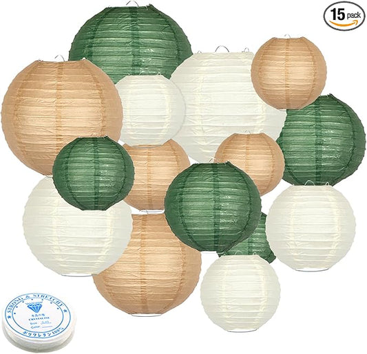 Green Round Chinese Paper Lanterns Decorative 15pcs Hanging Paper Lantern for Rustic Wedding Jungle Wonderland Themed Birthday Party Baby Shower