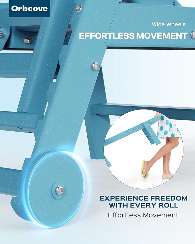 Oversized Chaise Lounge Chair Outdoor with Wheels & Cup Holder, 6-Position Adjustable HDPE Patio Lounge Chair for Poolside, Garden, Deck & Lawn (Light Blue, 2-Piece)