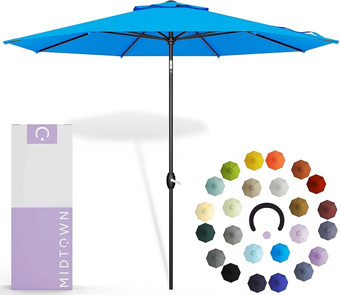 Midtown Umbrellas 10-Year-No-Fade - 6 Ft - UV Proof Blue Polyester Fabric - Umbrella Outdoor Patio, Auto-Tilt Aluminum Frame Large Patio Umbrella for Garden, Pool & Deck - Black Pole