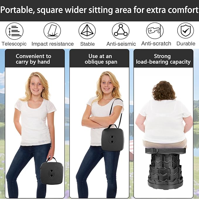 Fishboy Upgraded Square Collapsible Stool, 400lbs Max Weight, Lightweight But Sturdy, Portable Retractable Folding Telescoping Foldable Camping Stool for Adults Outdoor Fishing Hiking BBQ