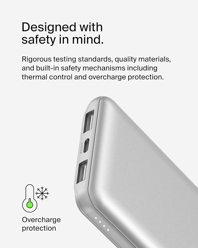 Belkin Portable Charger, USB-C Power Bank 10000 mAh w/ 1xUSB-C Port & 2xUSB-A Ports, 15W w/Type-C to Type-A Cable for iPhone 17, Samsung Galaxy S25, Nintendo Switch 2, Google Pixel 10, etc. - Silver